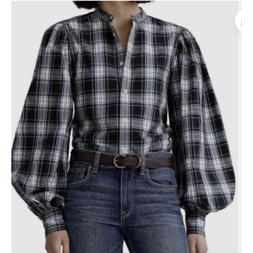 Polo Ralph Lauren Plaid Balloon Sleeve Collared Button-Up Blouse Size 14 Preppy